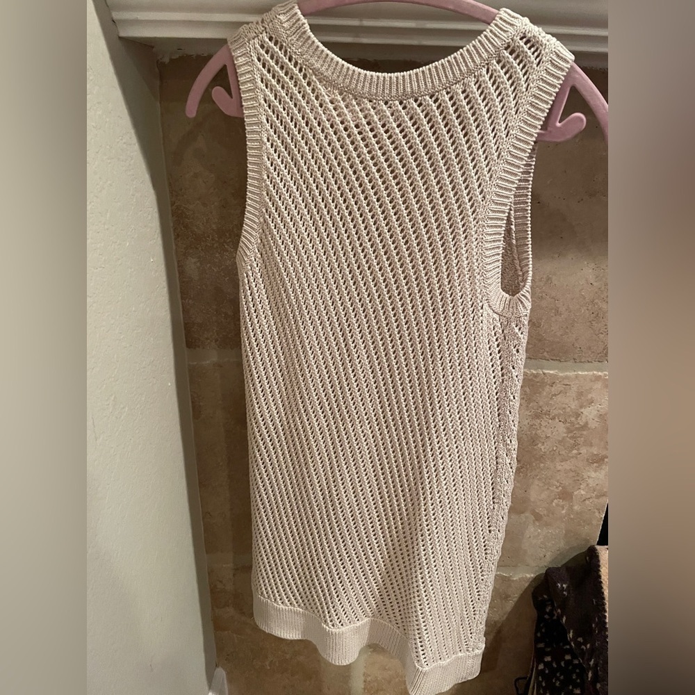 VINCE Cream Beige Long Sweater Vest 💯% cotton crochet open weave Neutral S - Picture 8 of 9